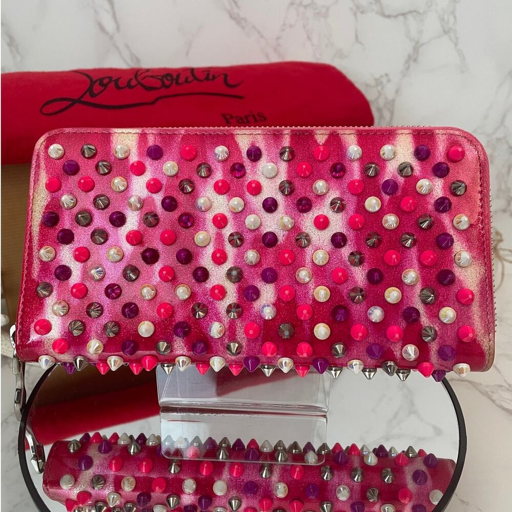 Christian Louboutin Pink Fuchsia Panettone Studded Zip-Around Wallet EUC
